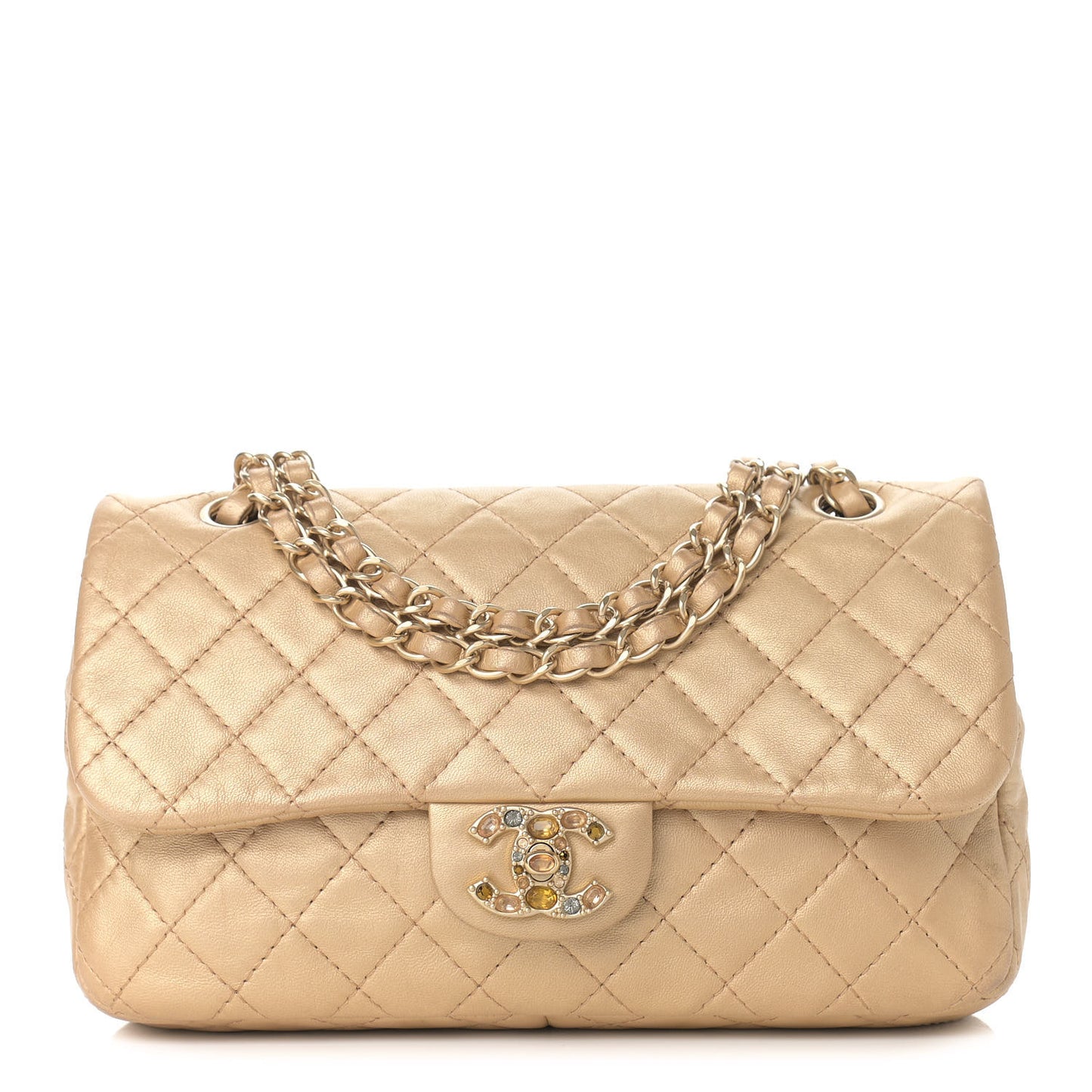 Metallic Lambskin Quilted Medium Precious Jewel Single Flap Gold