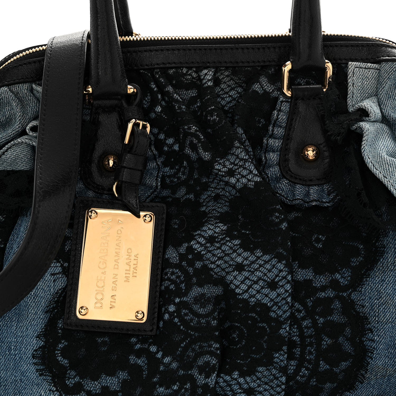 Dolce & Gabbana Denim Lace Calfskin Ruffled Miss Rouche Satchel Blue Black 7 of 9