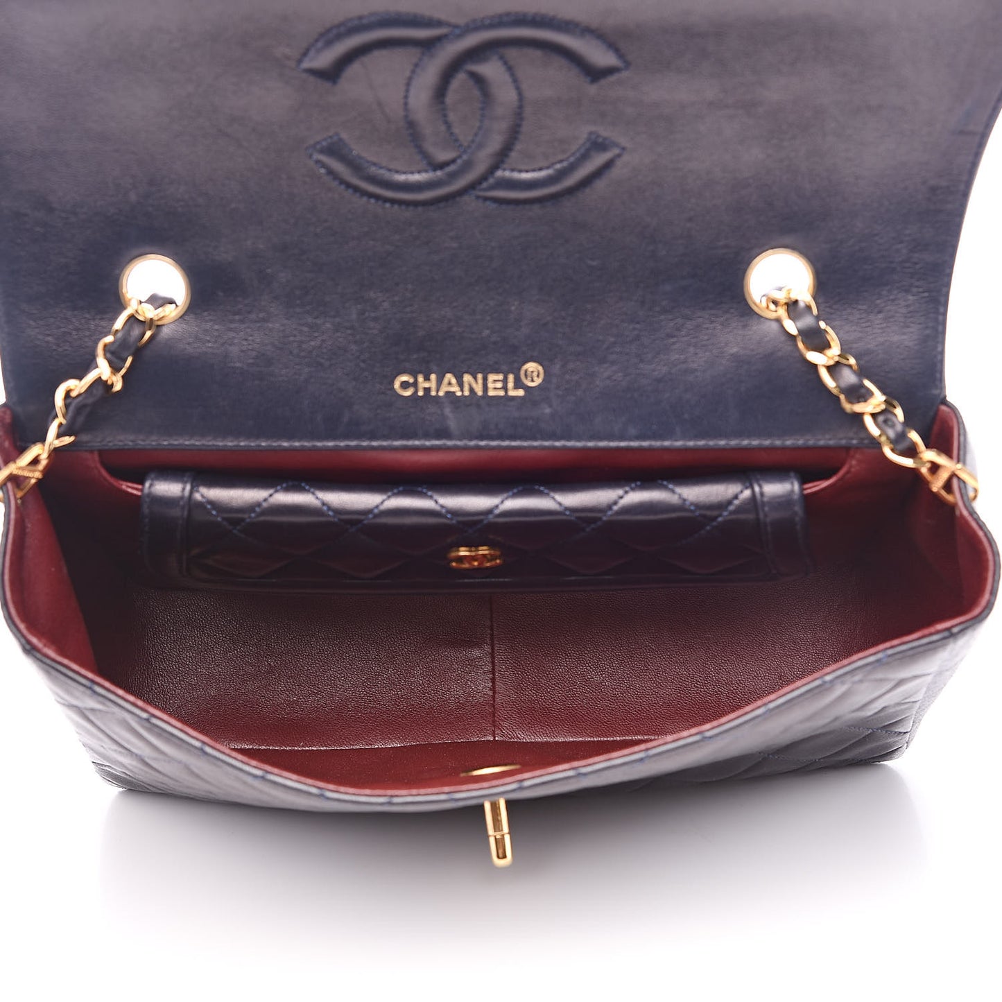 Lambskin Quilted Medium Single Flap Navy Blue