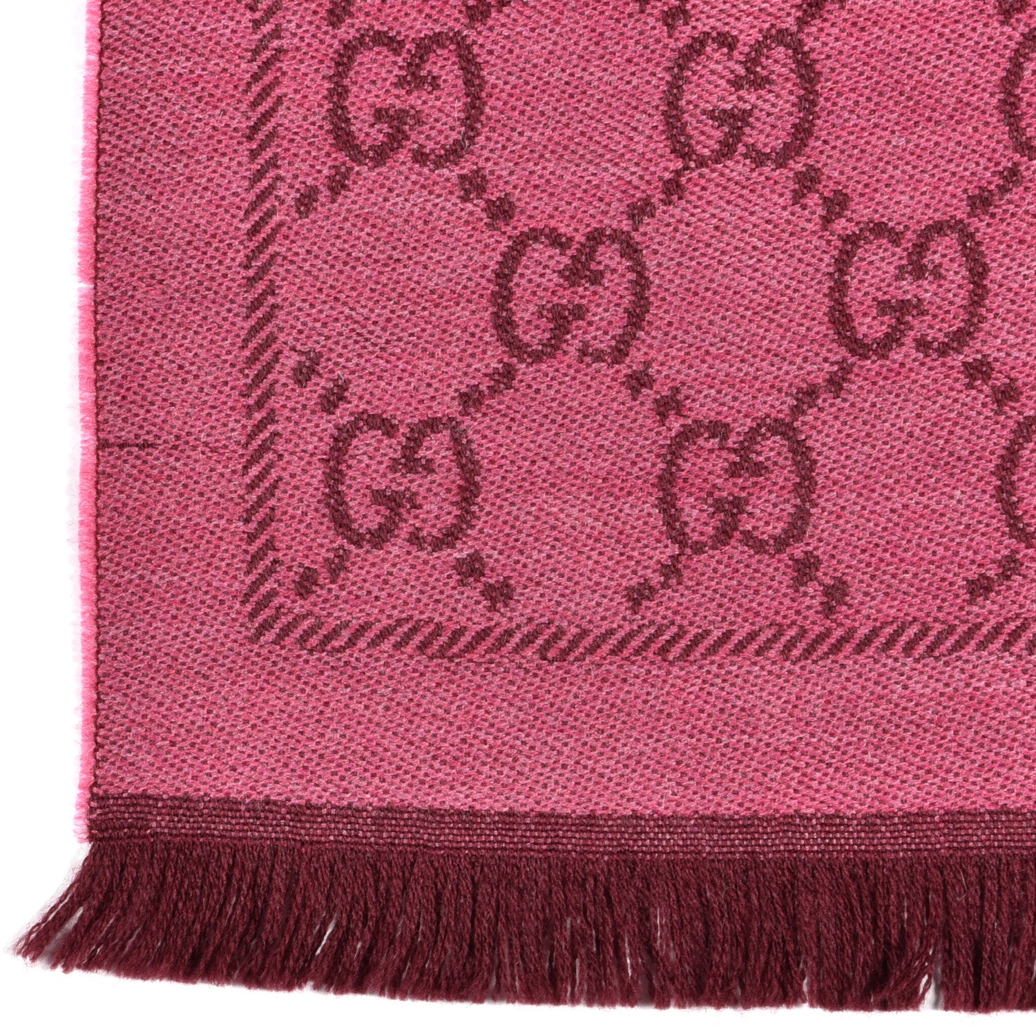 Gucci Wool Jacquard Monogram Reversible Stencil Fringe Scarf Pink Red 4 of 4