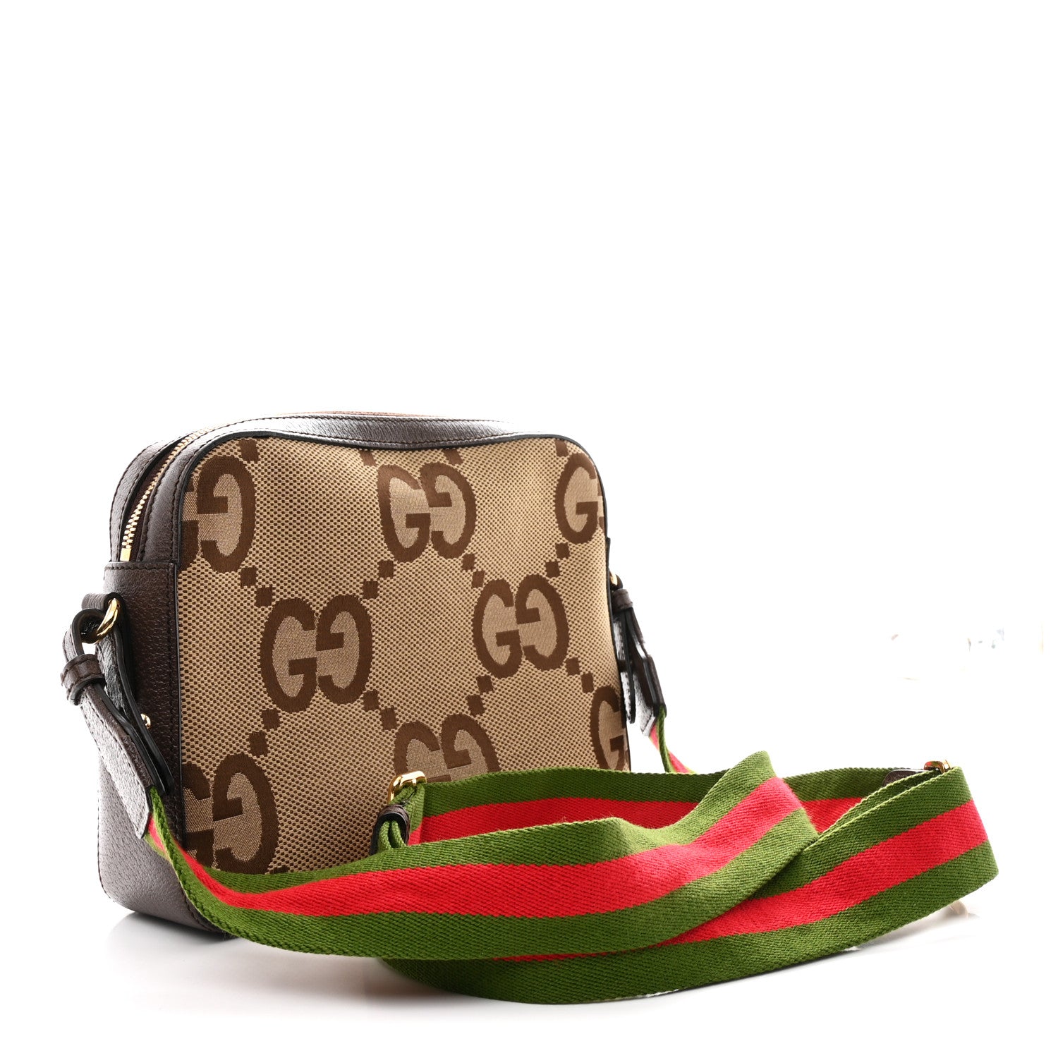 Gucci Monogram Jumbo GG Textured Dollar Calfskin Web Messenger Shoulder Bag Camel Ebony New Acero 3 of 13