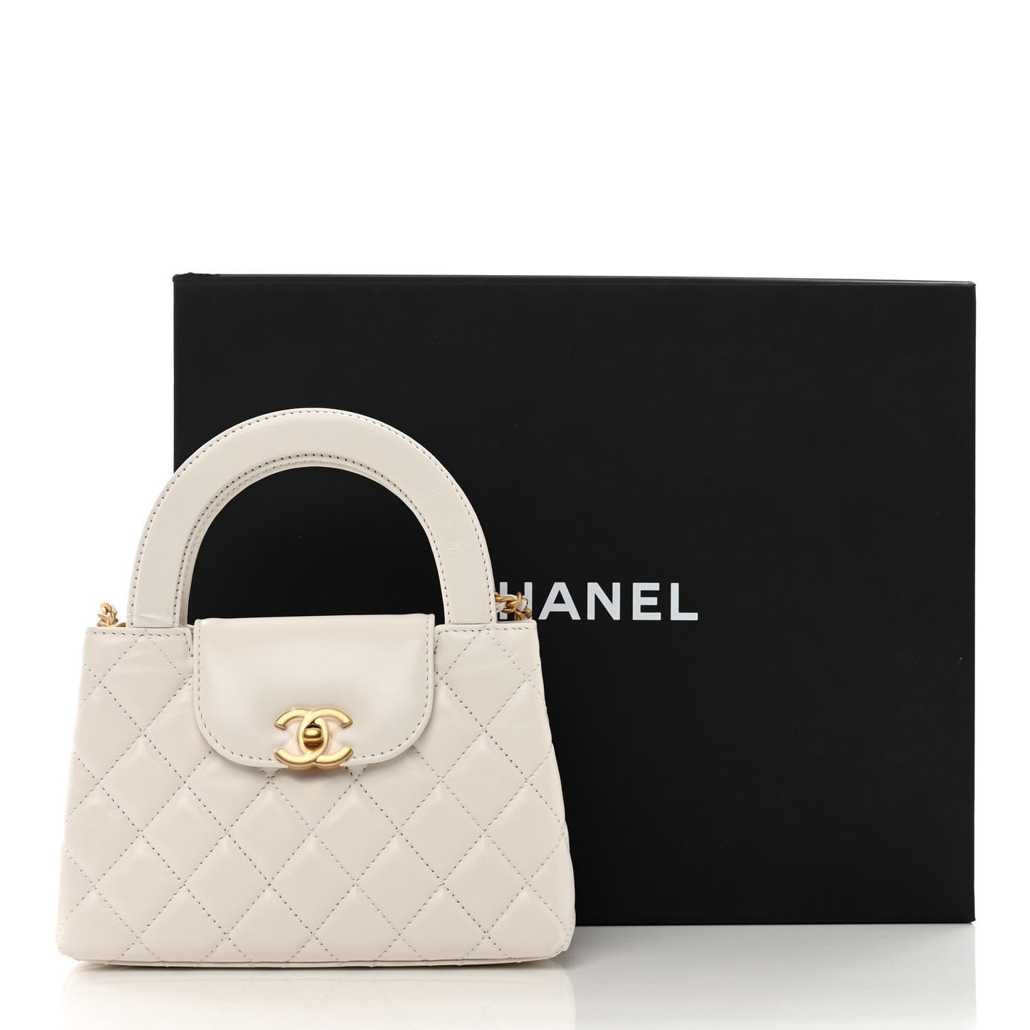 Shiny Aged Calfskin Quilted Nano Kelly Shopper White