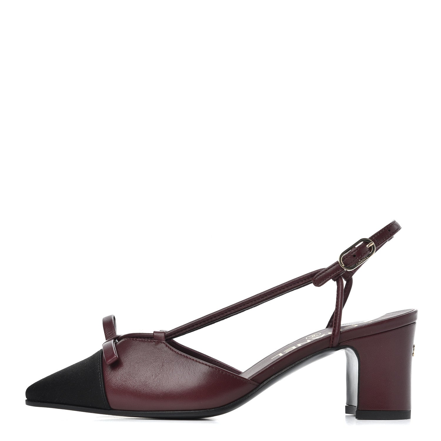 Chanel Lambskin Satin Slingback Cap Toe Bow Pumps 35.5 Burgundy Black 1 of 9