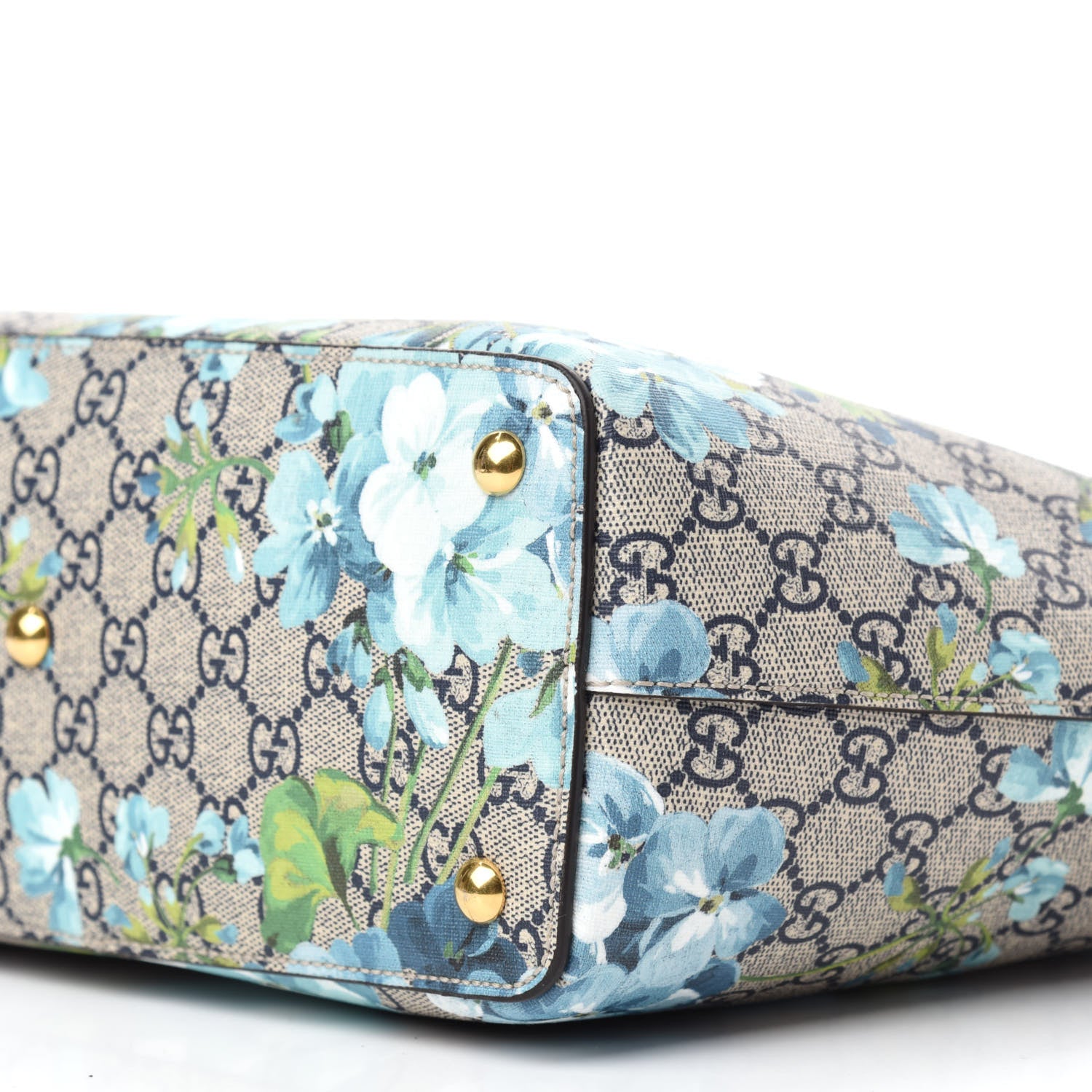 Gucci GG Supreme Monogram Blooms Medium Zippered Bucket Tote Beige Blue Navy Hibiscus Red 7 of 10