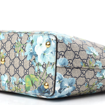 Gucci GG Supreme Monogram Blooms Medium Zippered Bucket Tote Beige Blue Navy Hibiscus Red 7 of 10