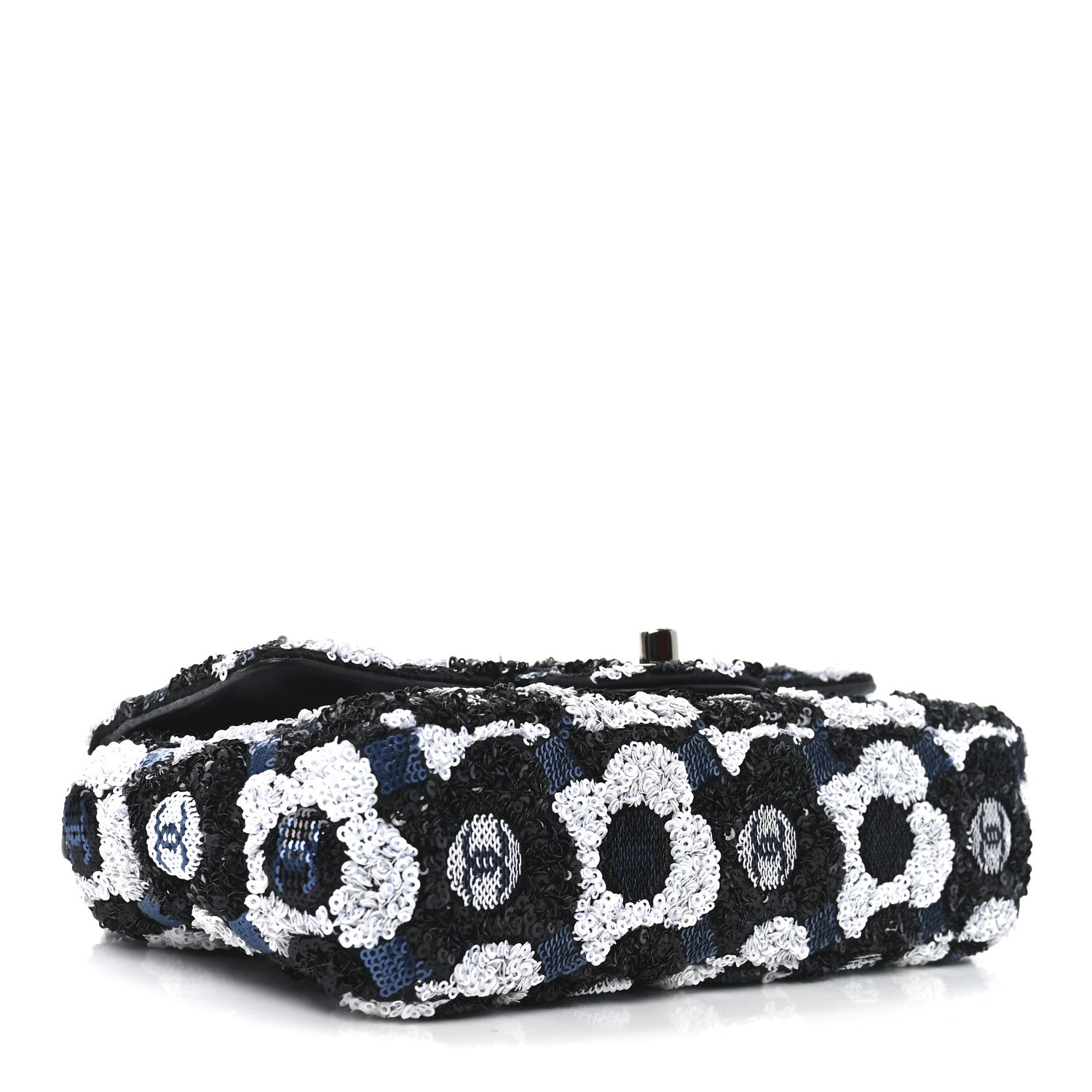 Chanel Satin Sequin Embellished Flower Mini Rectangular Flap Black White Blue 4 of 10