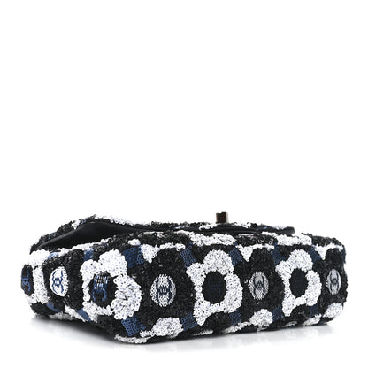 Chanel Satin Sequin Embellished Flower Mini Rectangular Flap Black White Blue 4 of 10