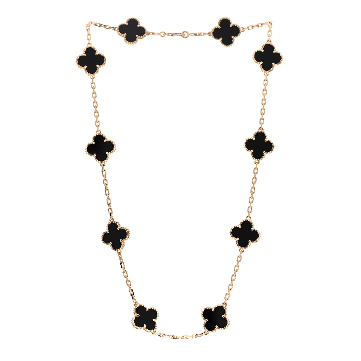 18K Yellow Gold Black Onyx 10 Motifs Vintage Alhambra Necklace