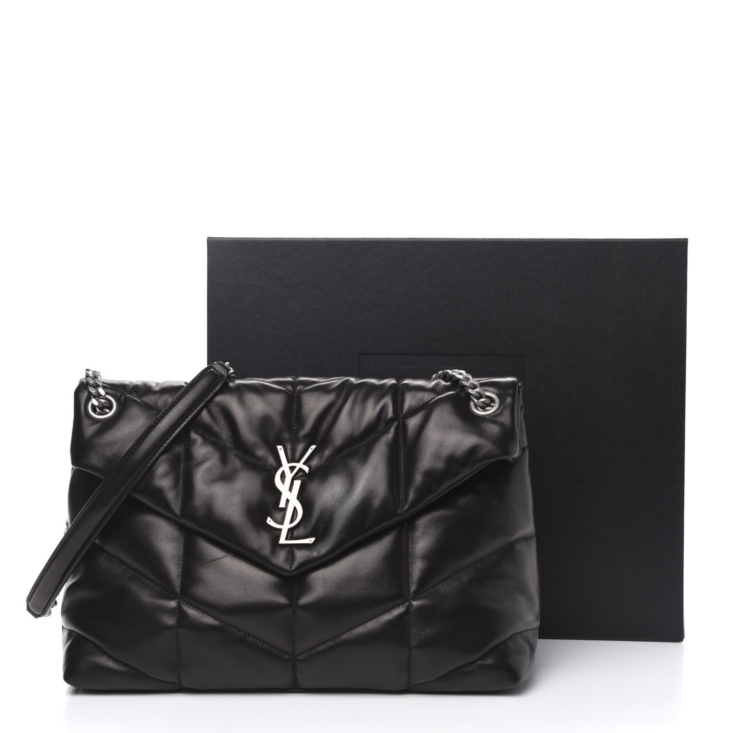 Lambskin Quilted Medium Loulou Puffer Monogram Chain Satchel Black