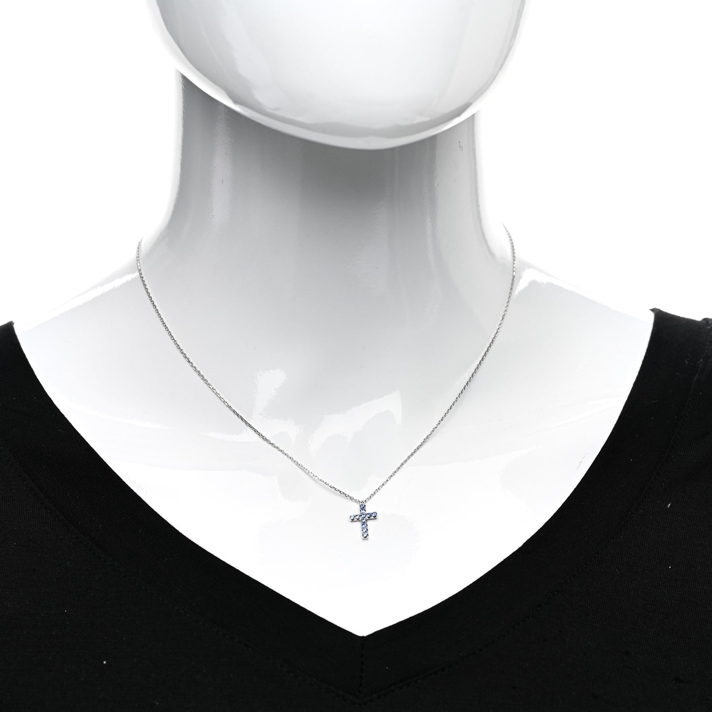 18K White Gold Blue Sapphire Symbols Cross Pendant Necklace