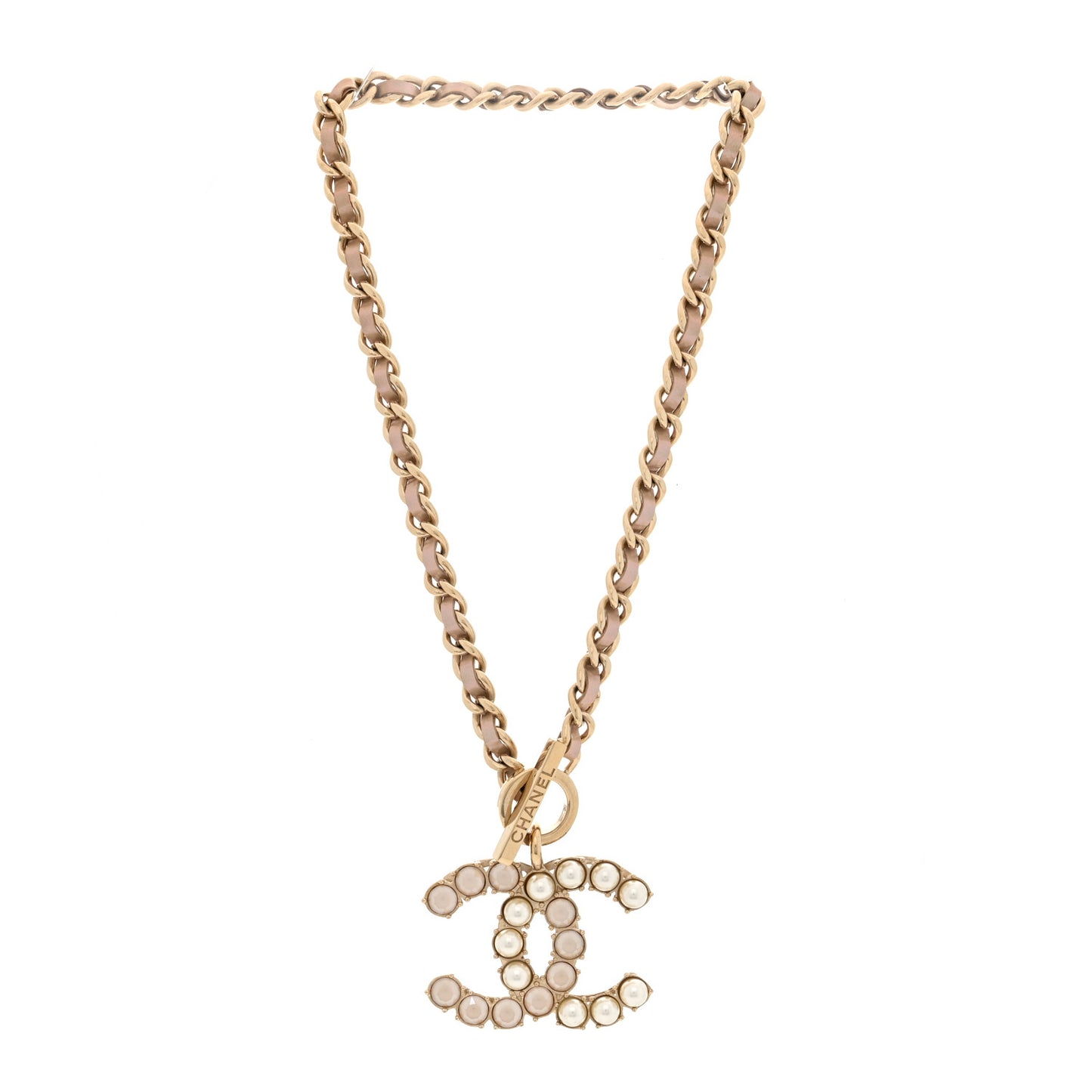 Pearl Crystal Lambskin Chain CC Dazzling Domino Necklace White Gold Pink