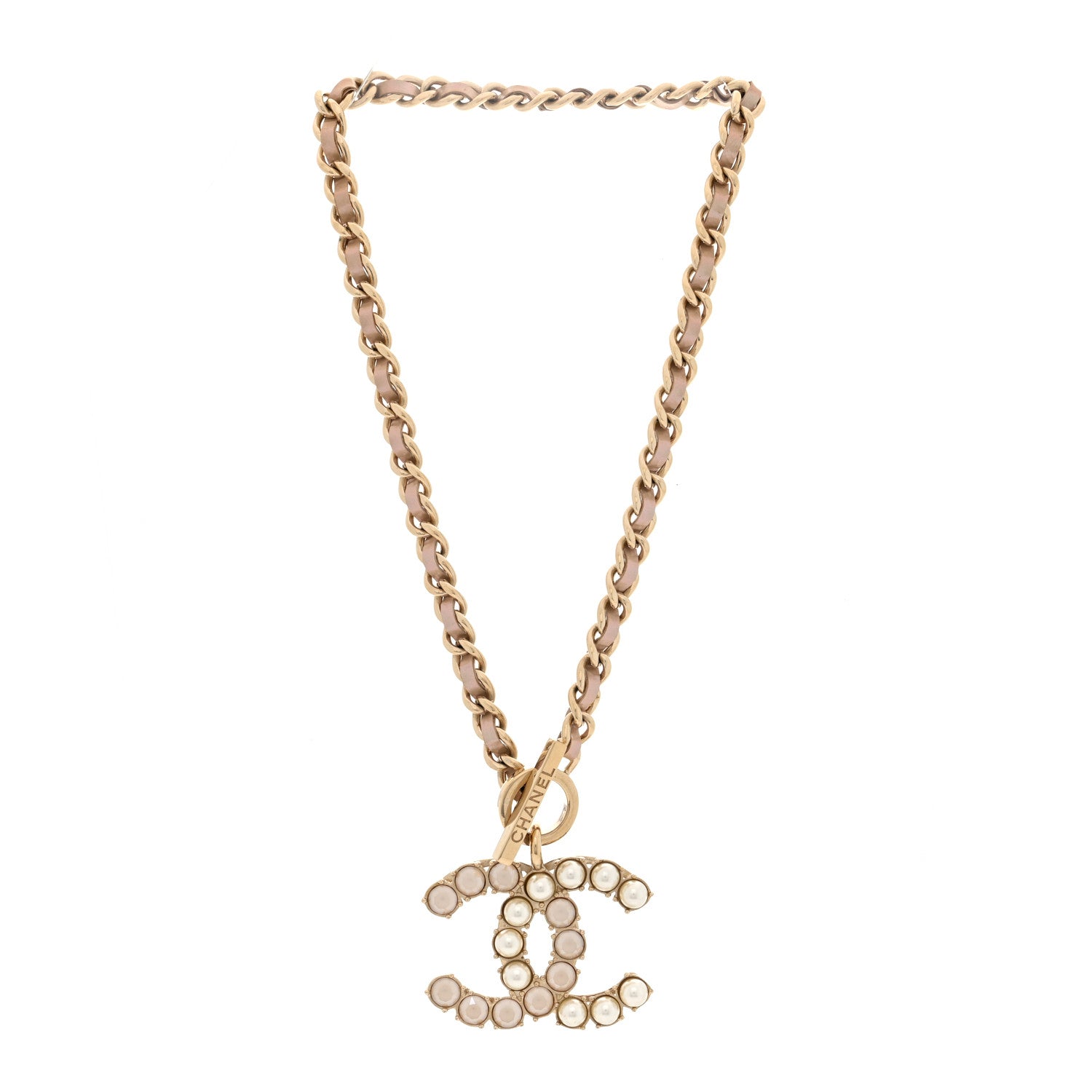 Chanel Pearl Crystal Lambskin Chain CC Dazzling Domino Necklace White Gold Pink 3 of 4