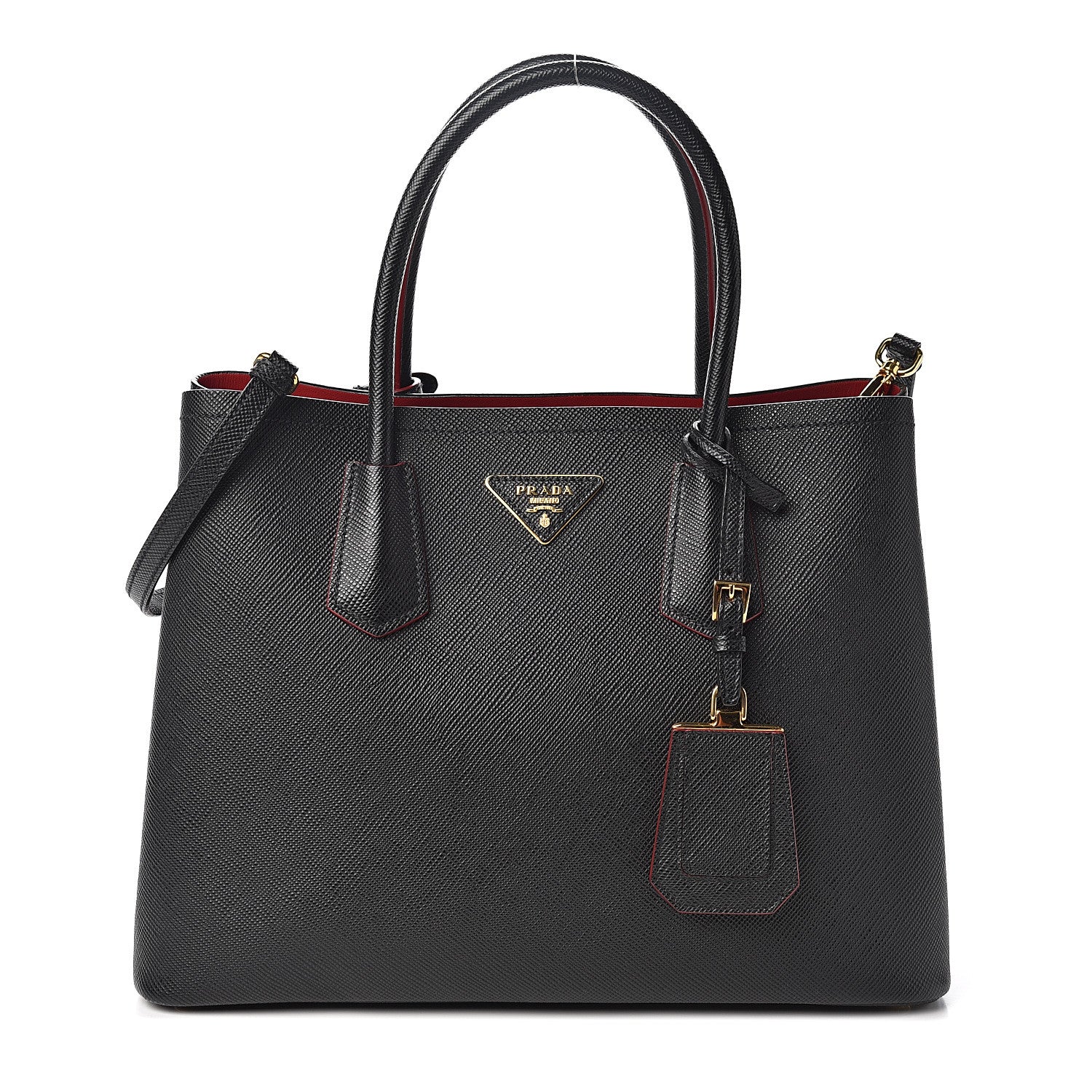 Prada Saffiano Cuir Medium Double Bag Black Fuoco 1 of 10