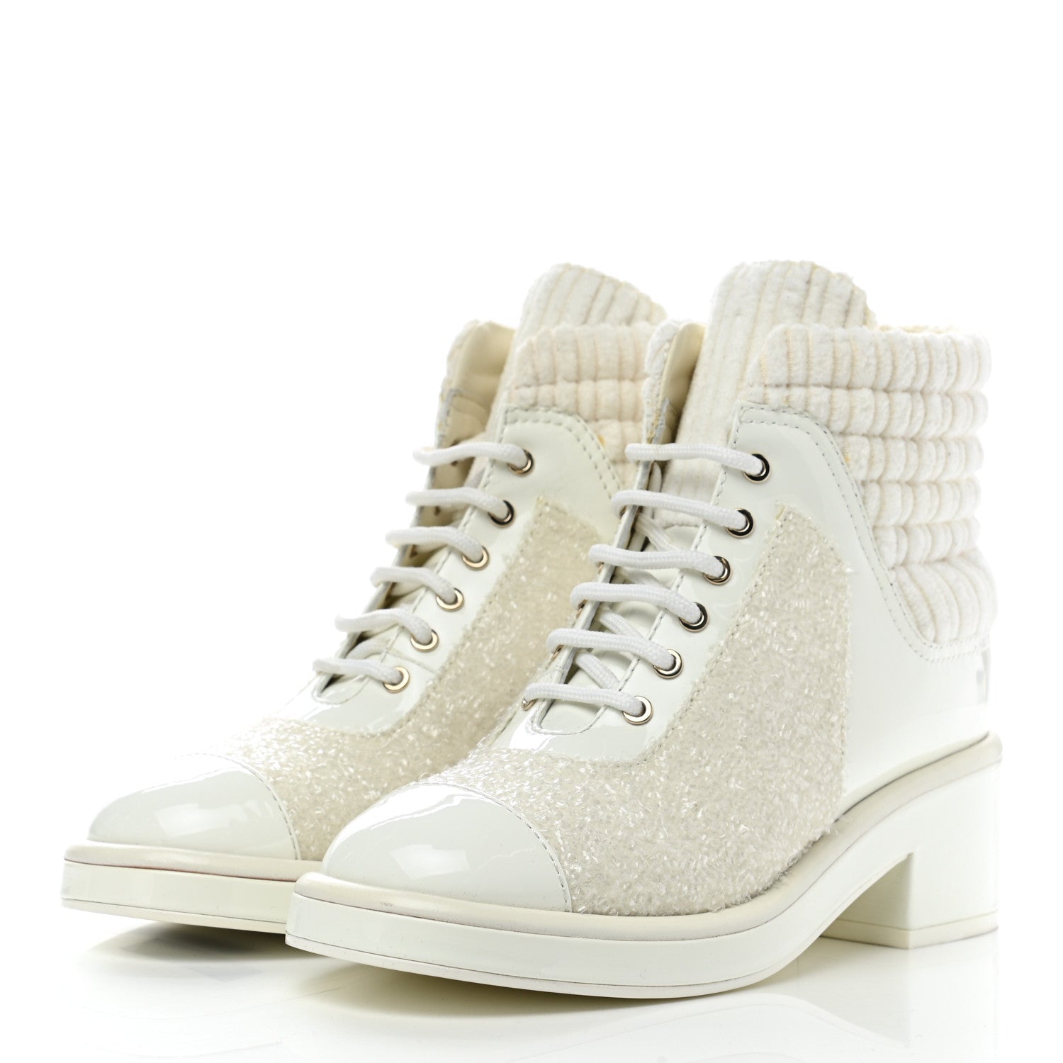 Chanel Tweed Patent Calfskin Velvet Lace Up Boots 37 White 3 of 11
