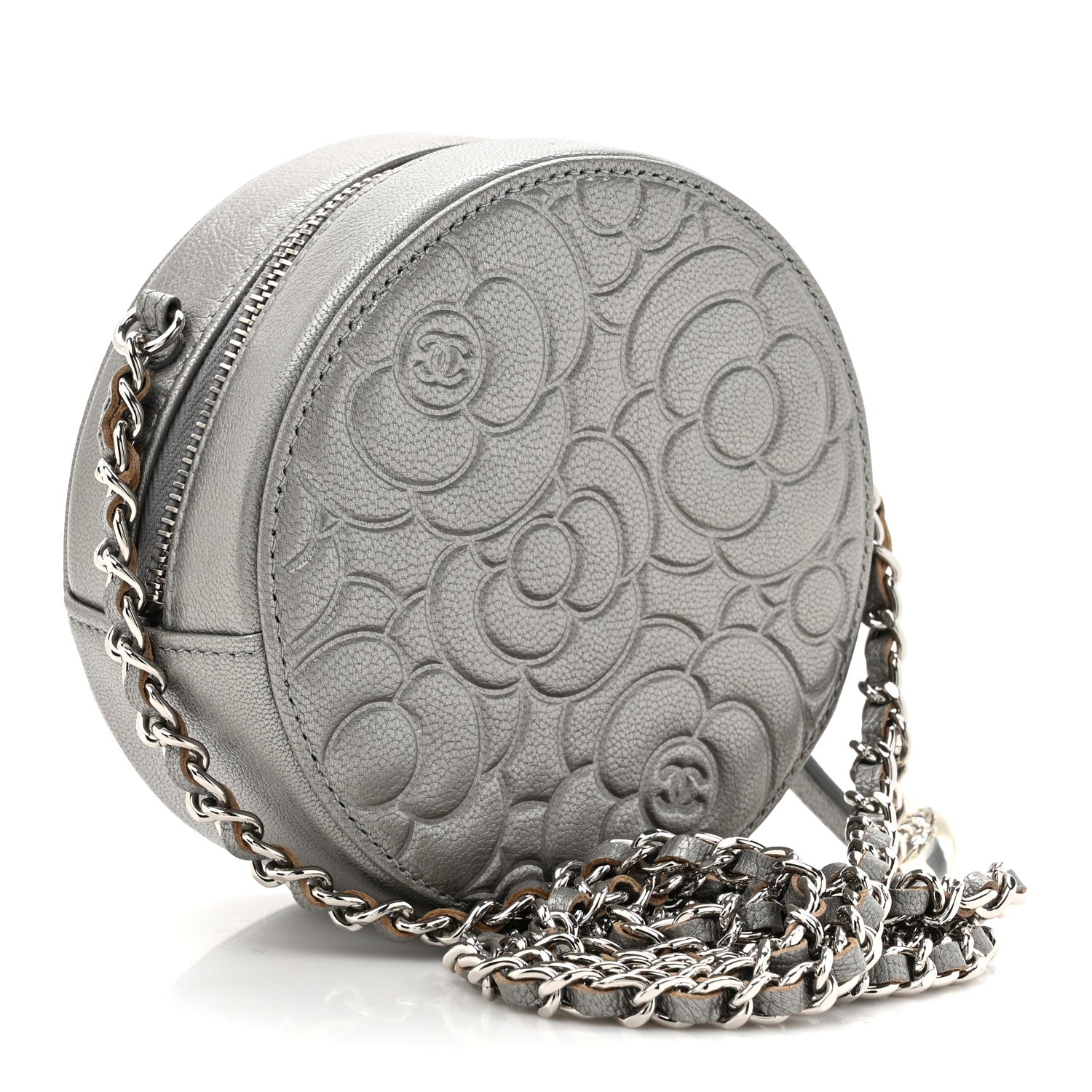Chanel Goatskin Camellia Quilted Round Clutch With Chain Grey 3 of 12