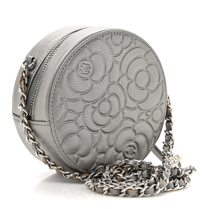 Chanel Goatskin Camellia Quilted Round Clutch With Chain Grey 3 of 12