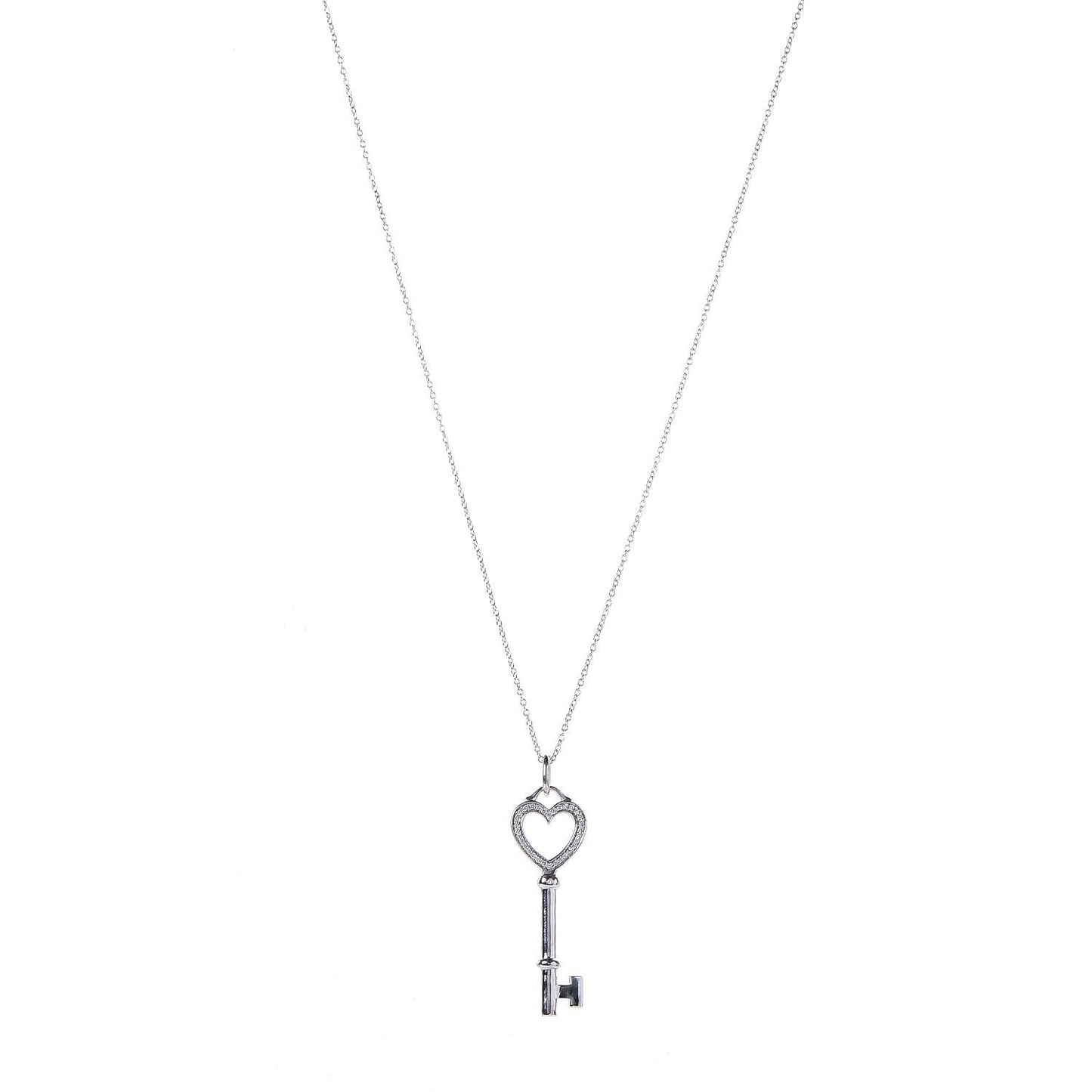 18K White Gold Diamond Medium Heart Key Pendant Necklace