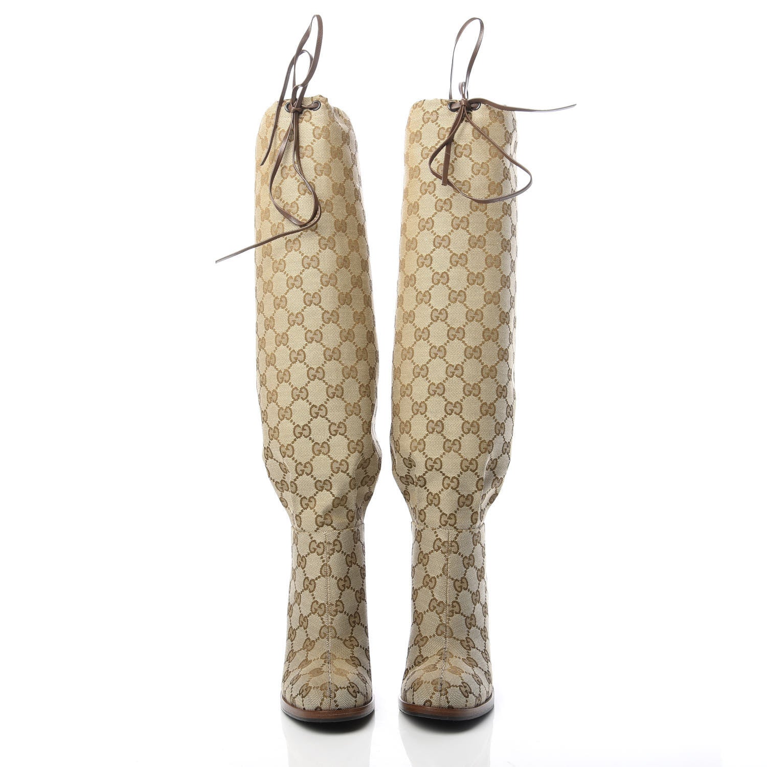 Gucci Monogram Malaga Kid Lisa Mid Heel Boots 35.5 Beige Ebony 2 of 8