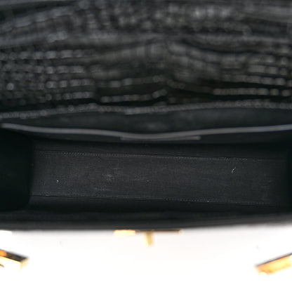 Saint Laurent Shiny Calfskin Crocodile Embossed Manhattan Baguette Black 5 of 10