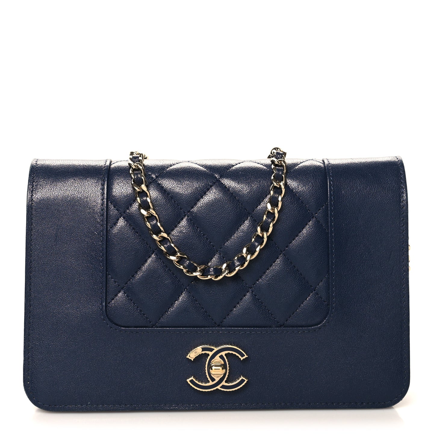 Sheepskin Quilted Mademoiselle Vintage Wallet On Chain WOC Navy