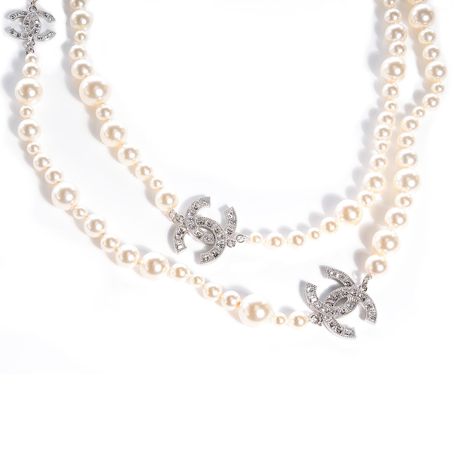Crystal Pearl CC Long Necklace Silver