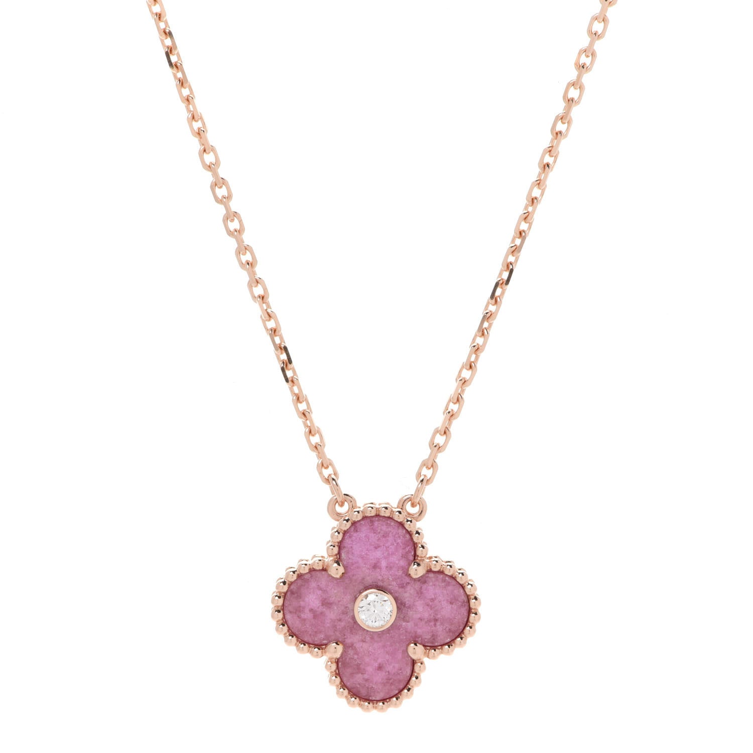 Van Cleef & Arpels 18K Rose Gold Diamond Rhodonite Vintage Alhambra Pendant Necklace 1 of 7