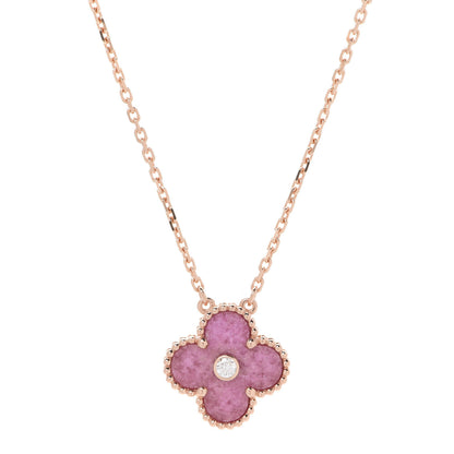 Van Cleef & Arpels 18K Rose Gold Diamond Rhodonite Vintage Alhambra Pendant Necklace 1 of 7