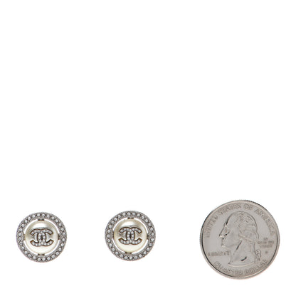 Chanel Pearl Crystal CC Round Earrings Silver 2 of 4