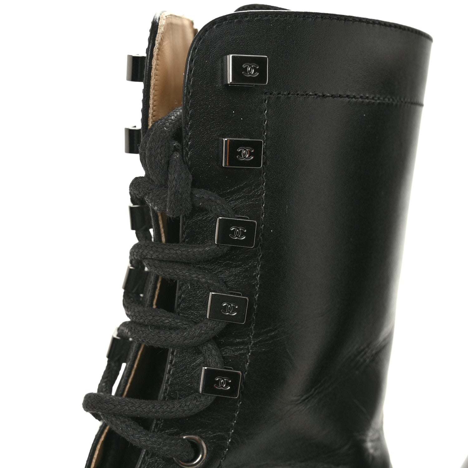 Chanel Calfskin Lace Up Combat Boots 37.5 Black 11 of 13