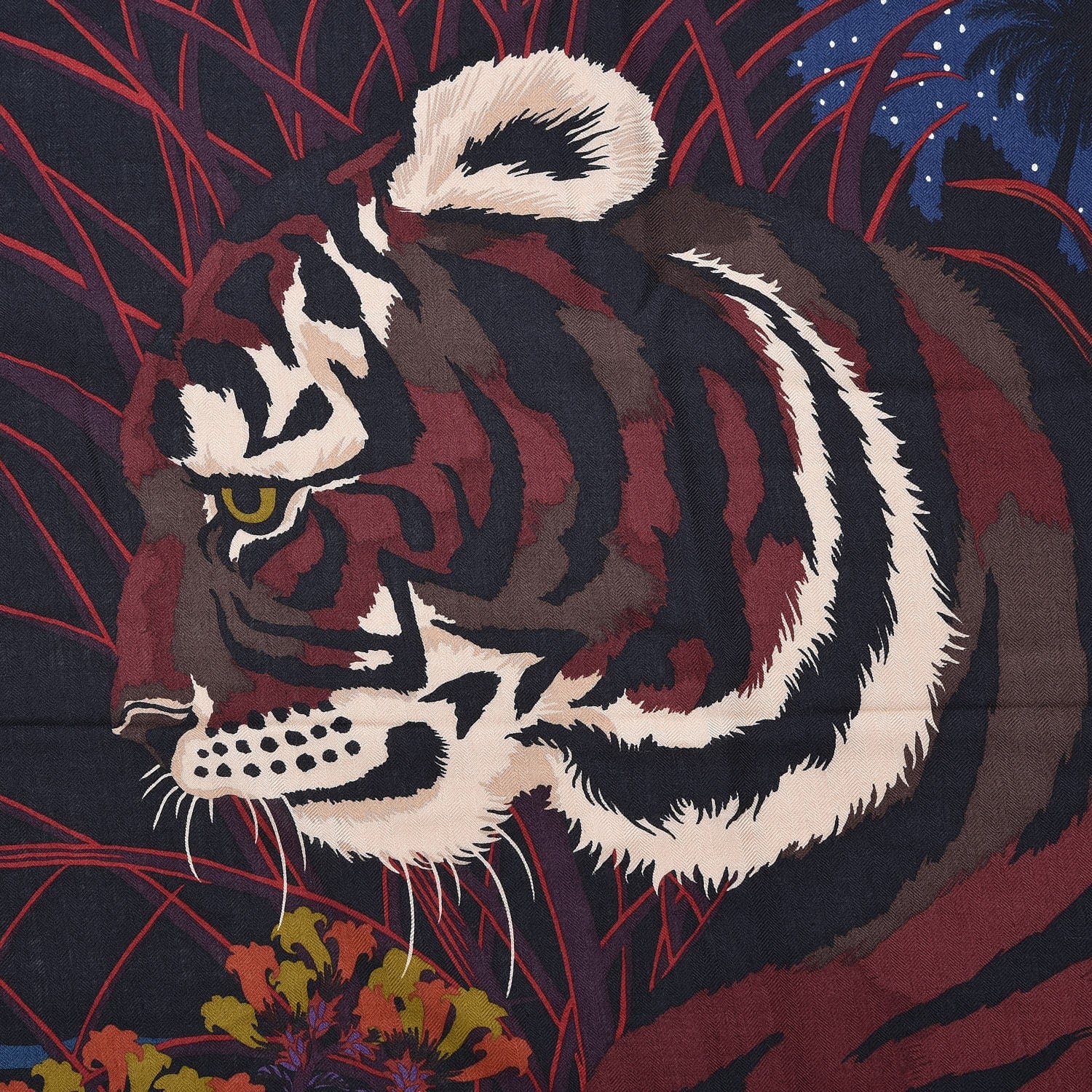 Hermes Cashmere Silk Tyger Tyger Shawl 140 Bleu Nuit Acajou Prune