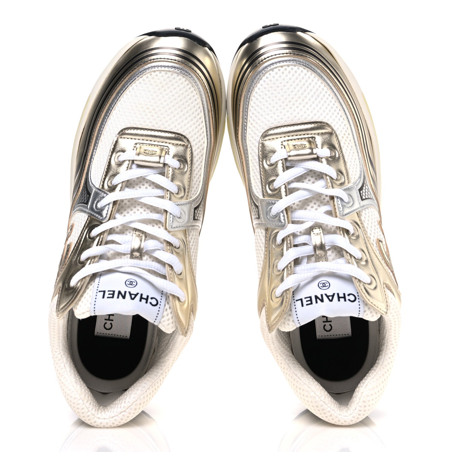 Chanel Fabric Laminated Calfskin Stretch CC Womens Sneakers 39.5 White Silver 2 of 11