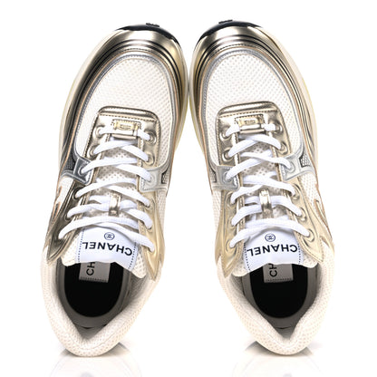 Chanel Fabric Laminated Calfskin Stretch CC Womens Sneakers 39.5 White Silver 2 of 11
