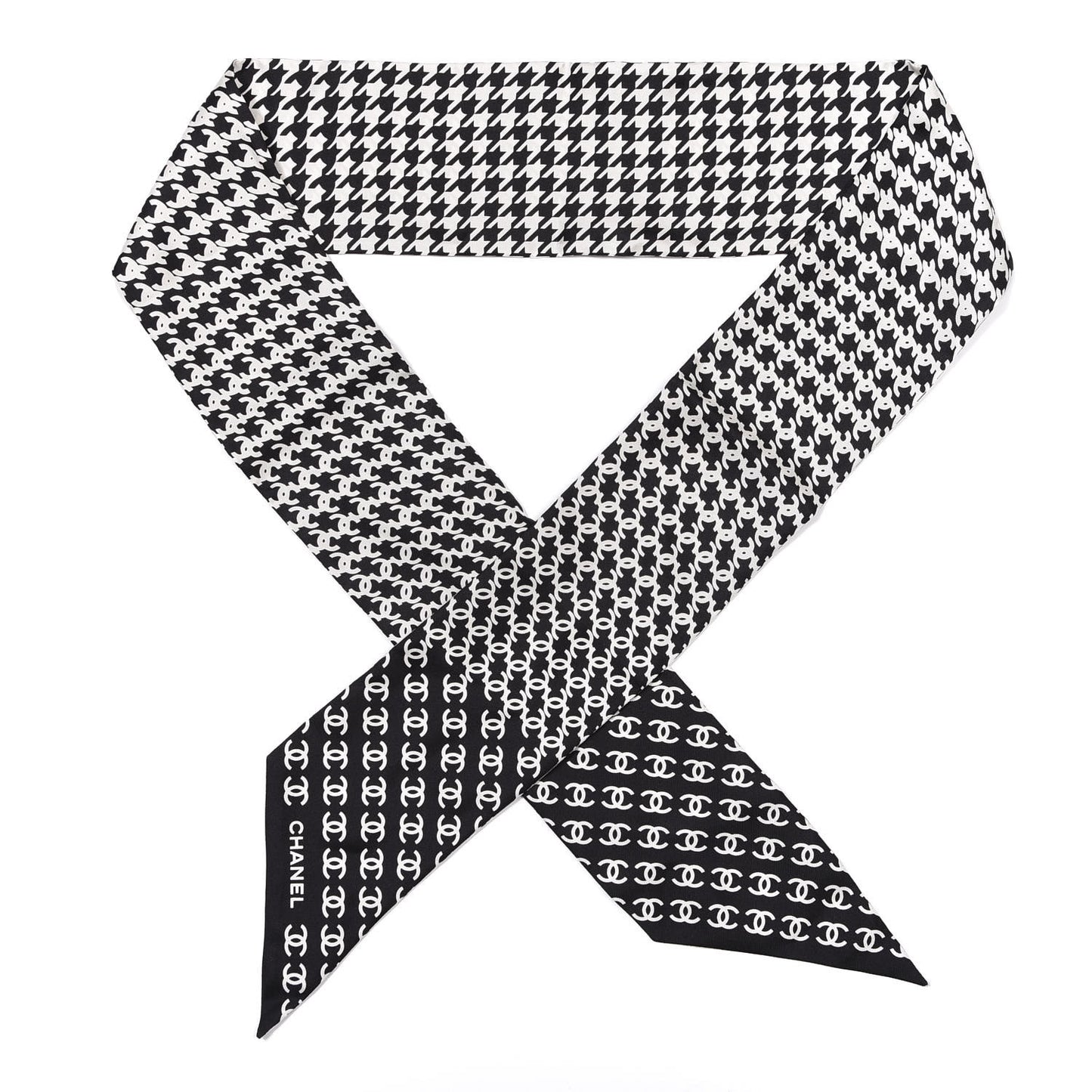 Silk Twill Houndstooth Slim Bandeau Scarf Black Ecru