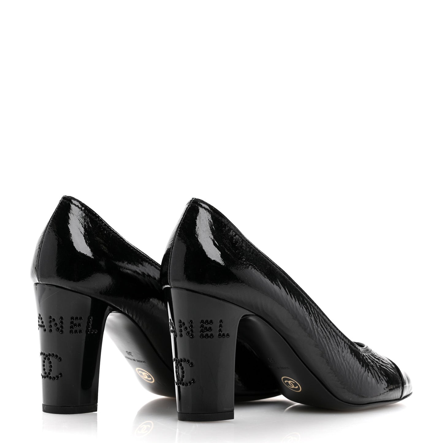 Patent Calfskin Crystal Cap Toe Logo Pumps 38 Black