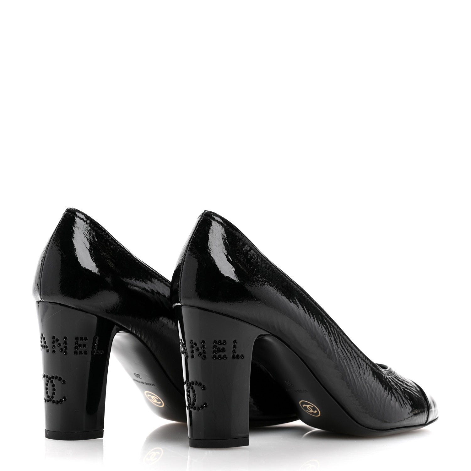 Chanel Patent Calfskin Crystal Cap Toe Logo Pumps 38 Black 5 of 11