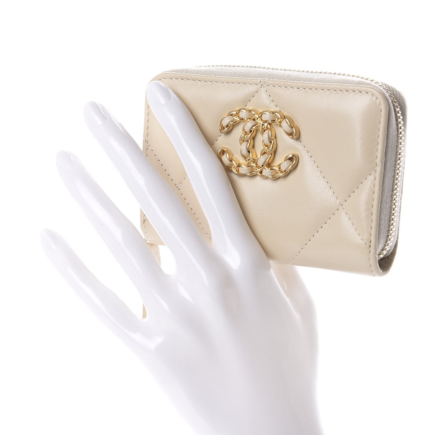 Lambskin Quilted 19 Zip Around Coin Purse Wallet Beige