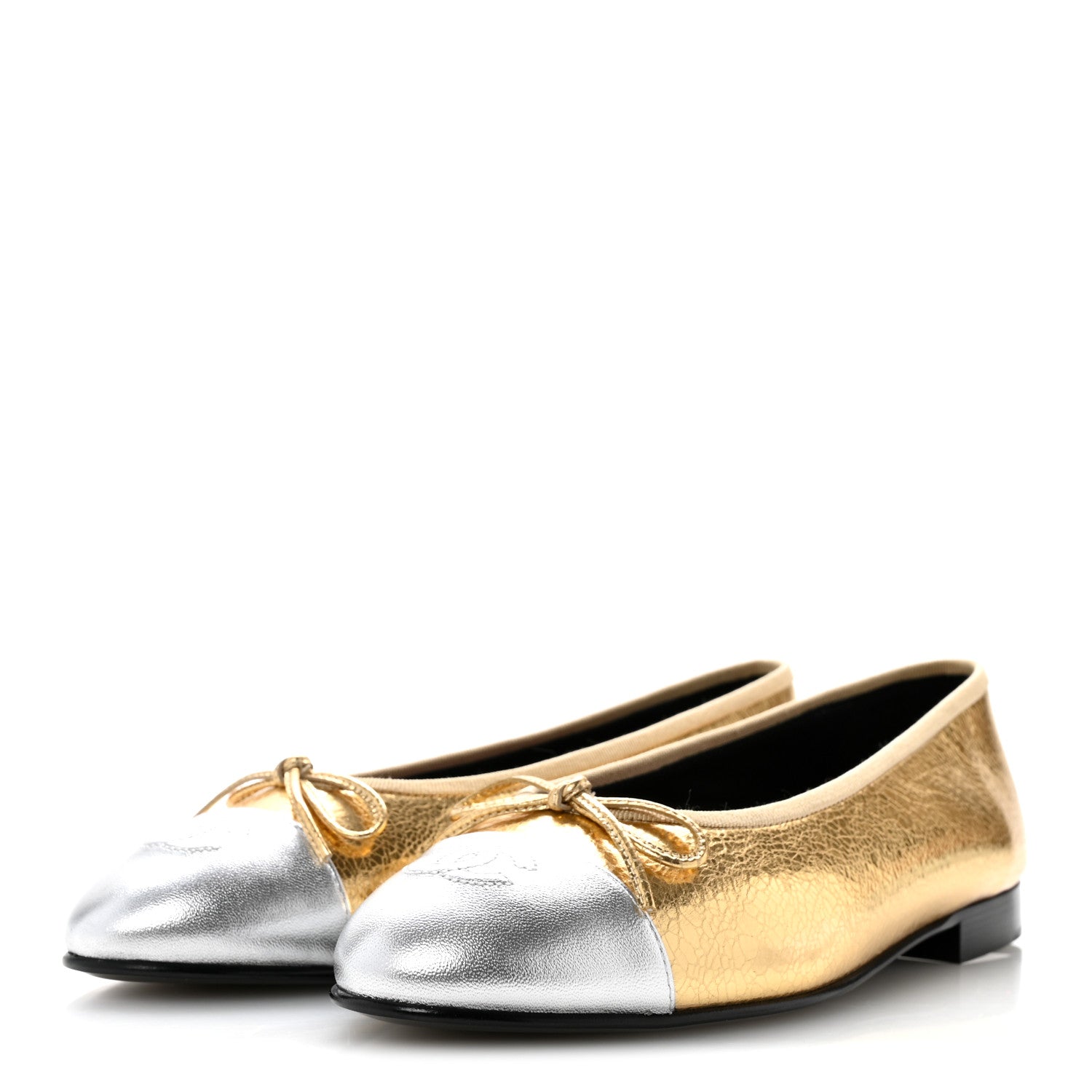 Chanel Metallic Crackled Laminated Calfskin CC Cap Toe Ballerina Flats 37.5 Gold Silver 4 of 11