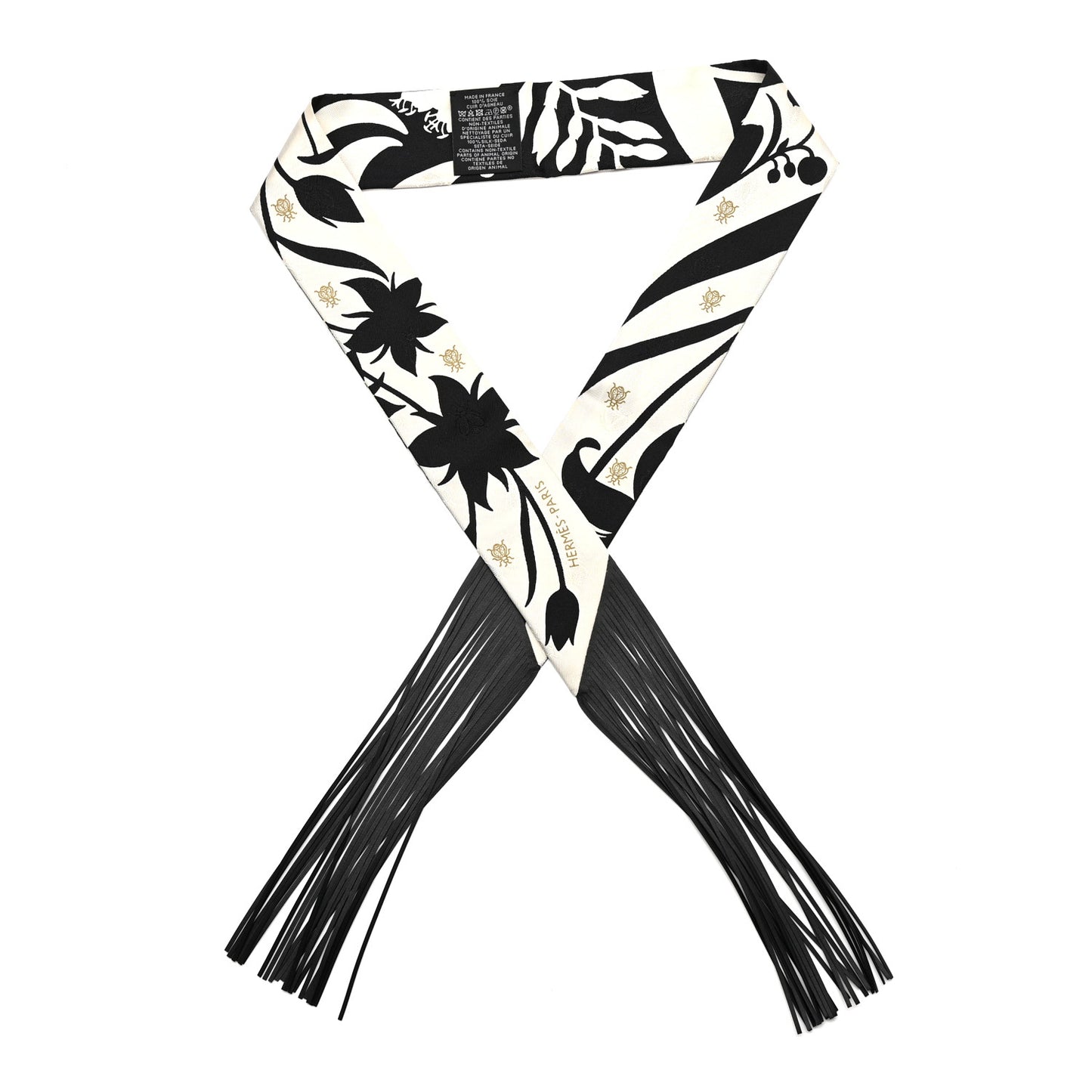 Silk Calfskin Bouquet Final Fringed Twilly Creme Black