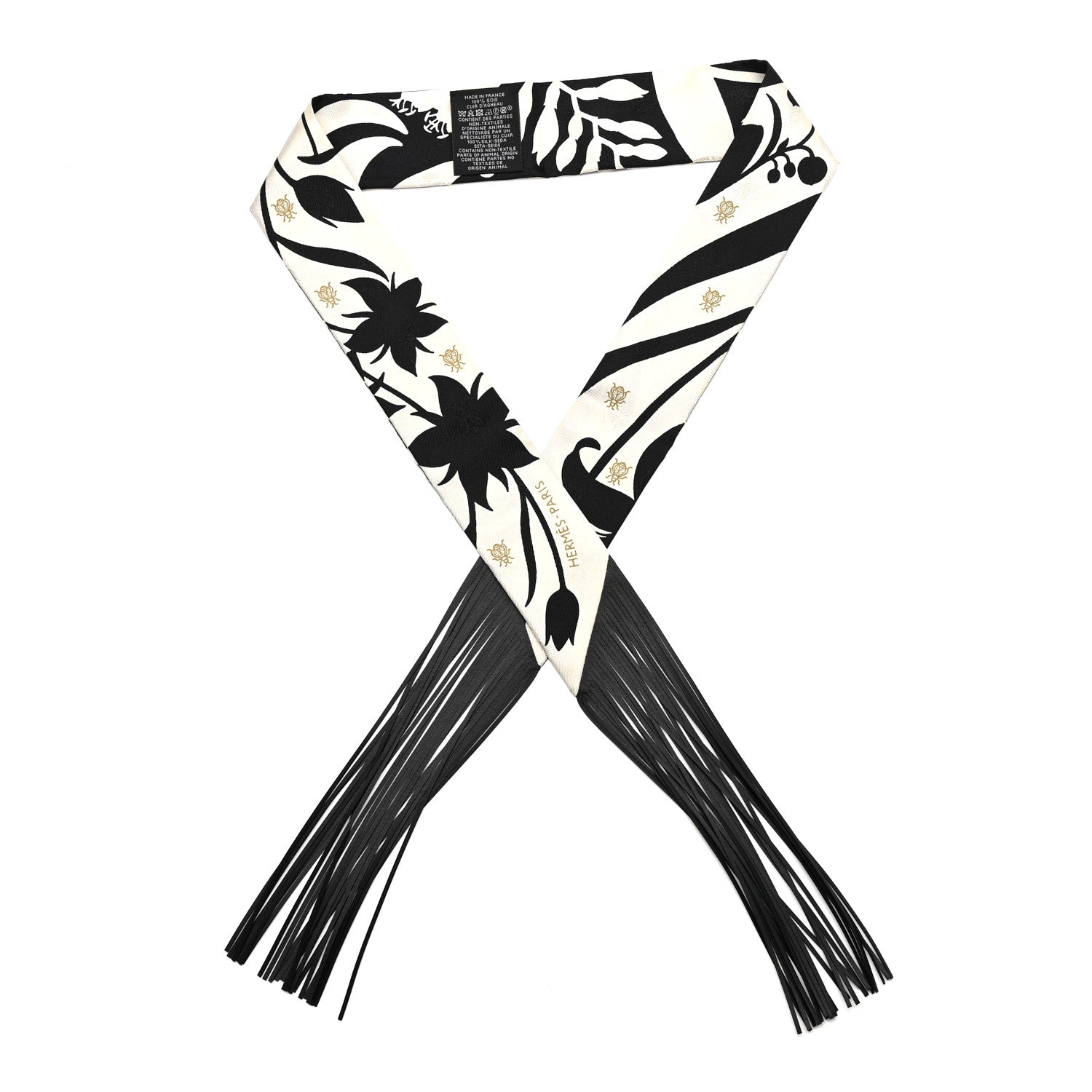Hermes Silk Calfskin Bouquet Final Fringed Twilly Creme Black 1 of 4
