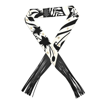 Hermes Silk Calfskin Bouquet Final Fringed Twilly Creme Black 1 of 4