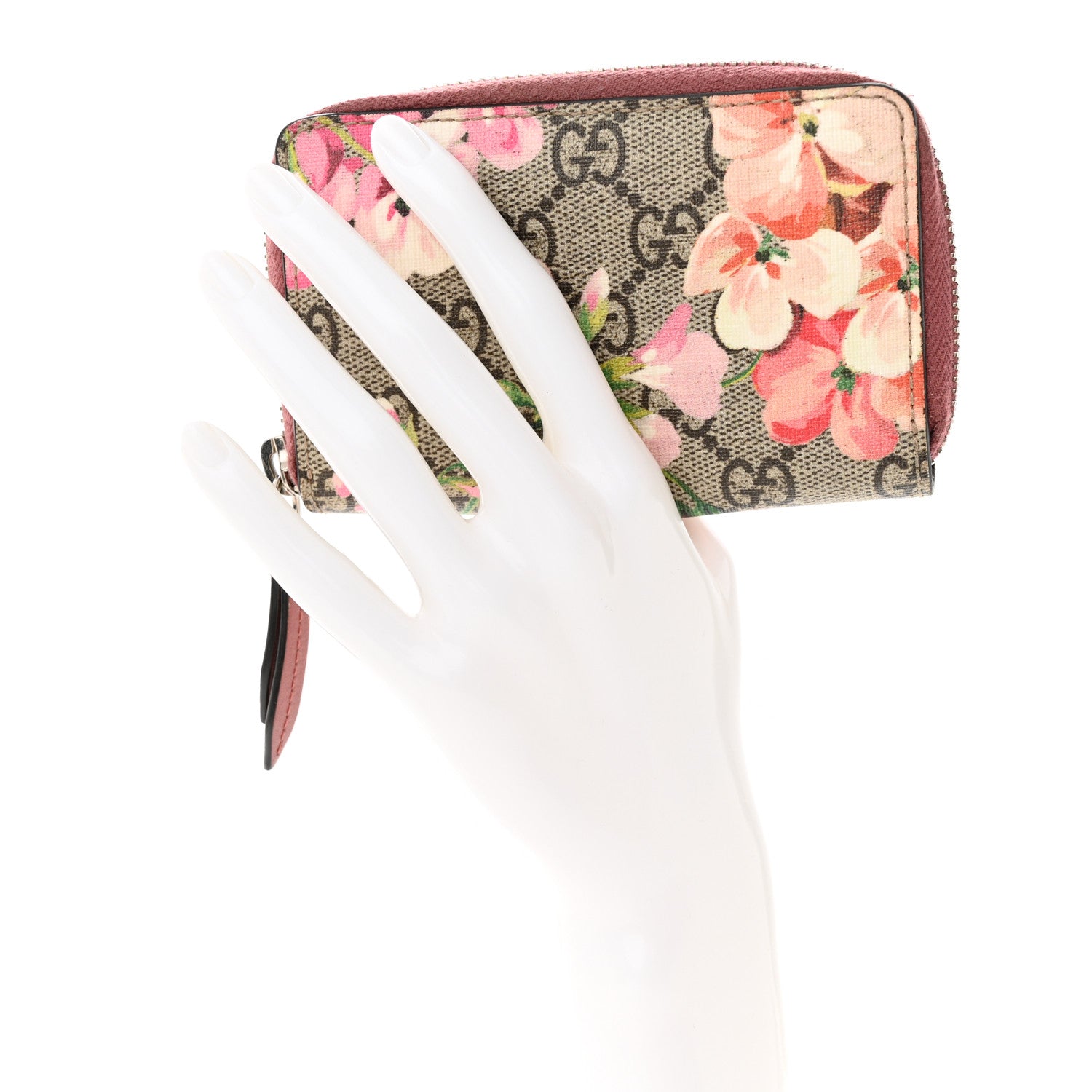 Gucci GG Supreme Monogram Blooms Zip Around Card Case Wallet Beige Multicolor Dry Rose 2 of 9