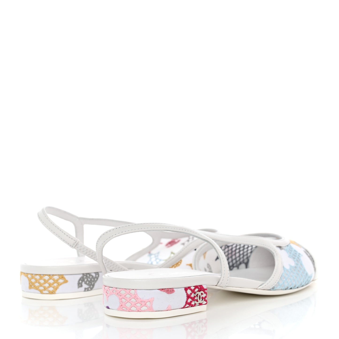 Cotton Guipure Patent Embroidered Floral Cap Toe CC Slingback Flats 37.5 White Multicolor