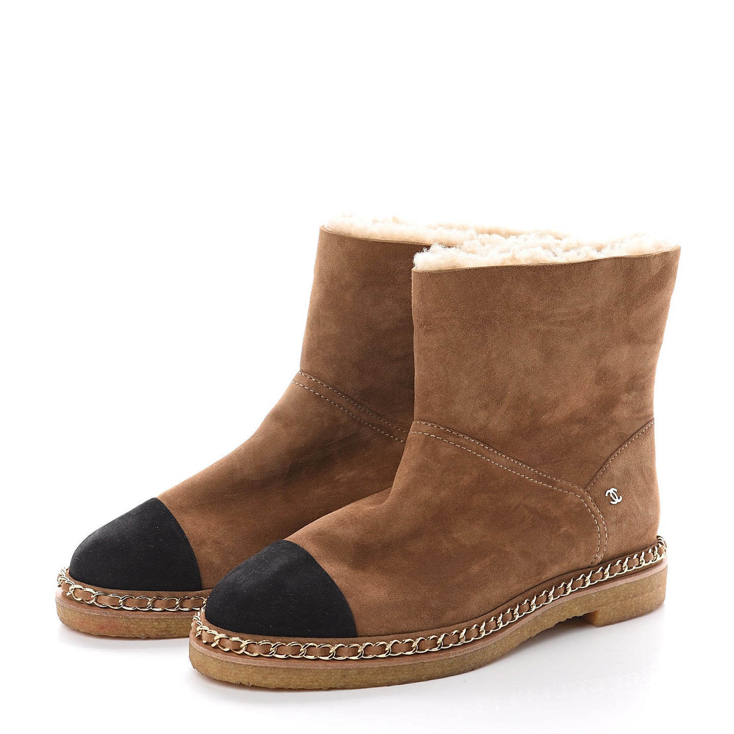 Kid Suede Shearling Womens Cap Toe Chain Short Boots 41.5 Light Brown Black