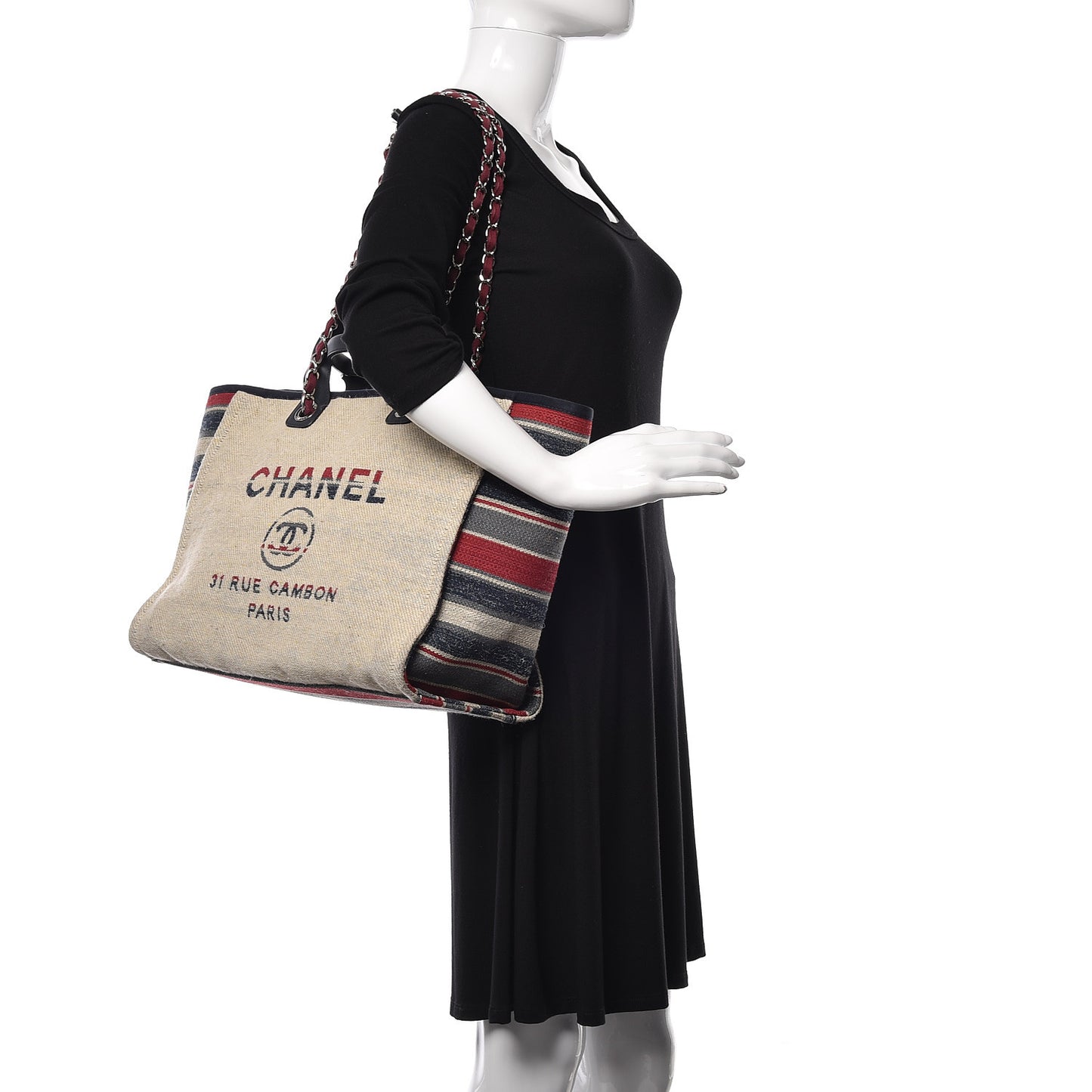 Striped Canvas Medium Deauville Tote Beige