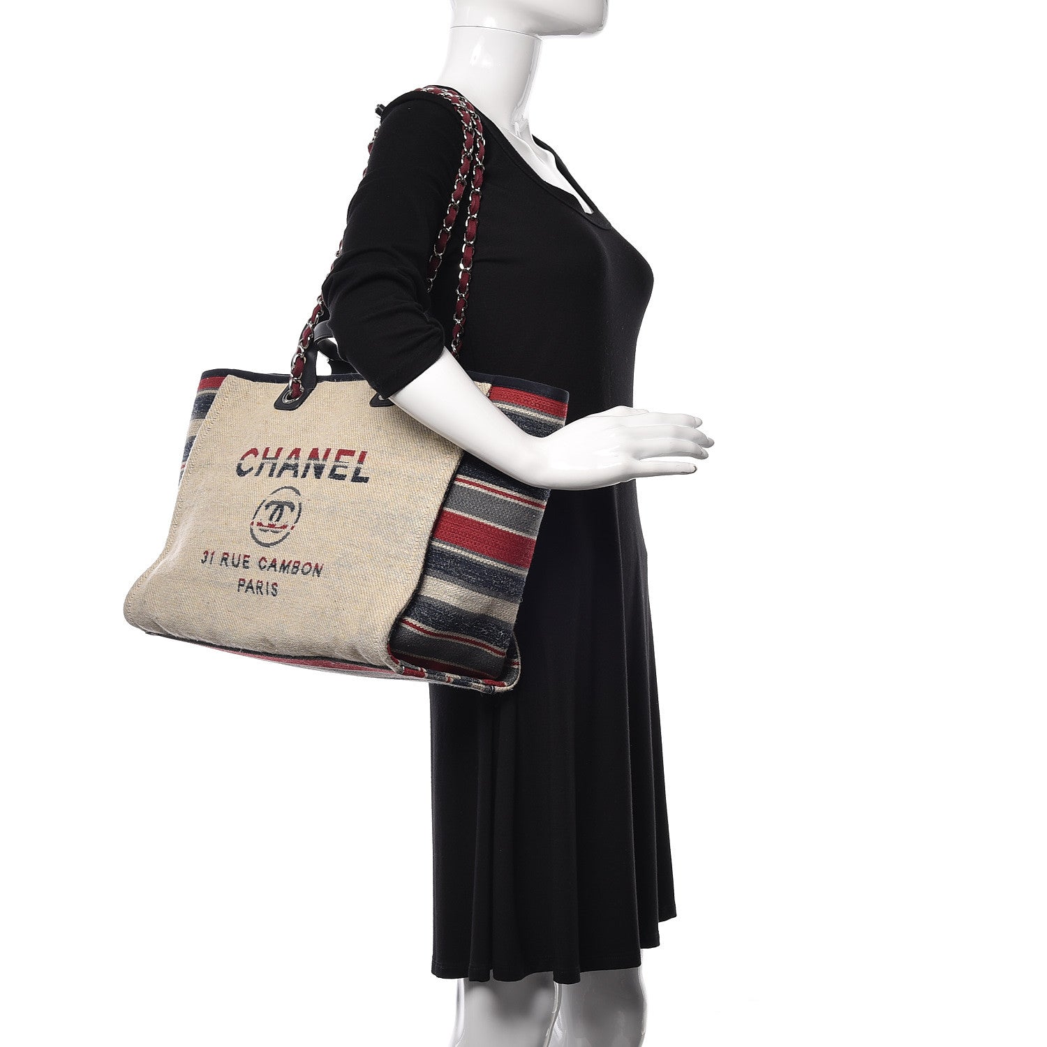 Chanel Striped Canvas Medium Deauville Tote Beige 2 of 10