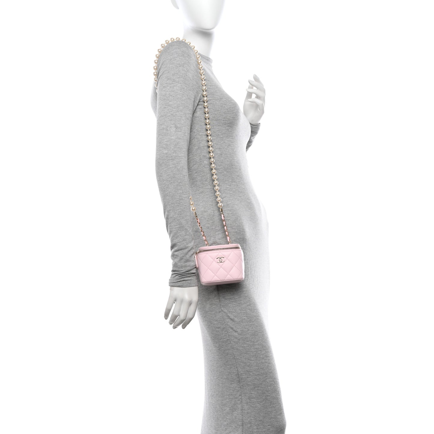 Lambskin Quilted Mini Vanity Case With Pearl Chain Light Pink