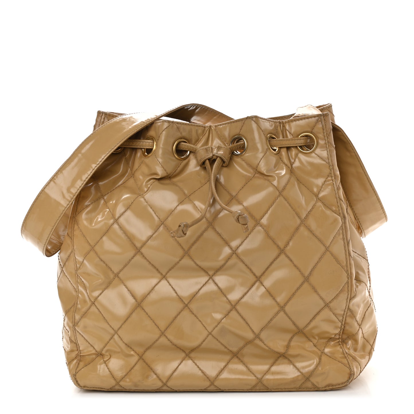 Vinyl Quilted Drawstring Shoulder Bag Beige