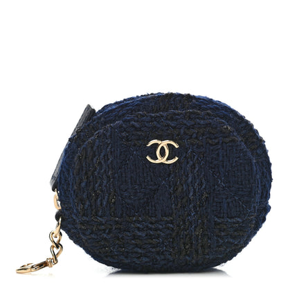 Chanel Wool Tweed Quilted Round Clip On Coin Purse Blue 1 of 5