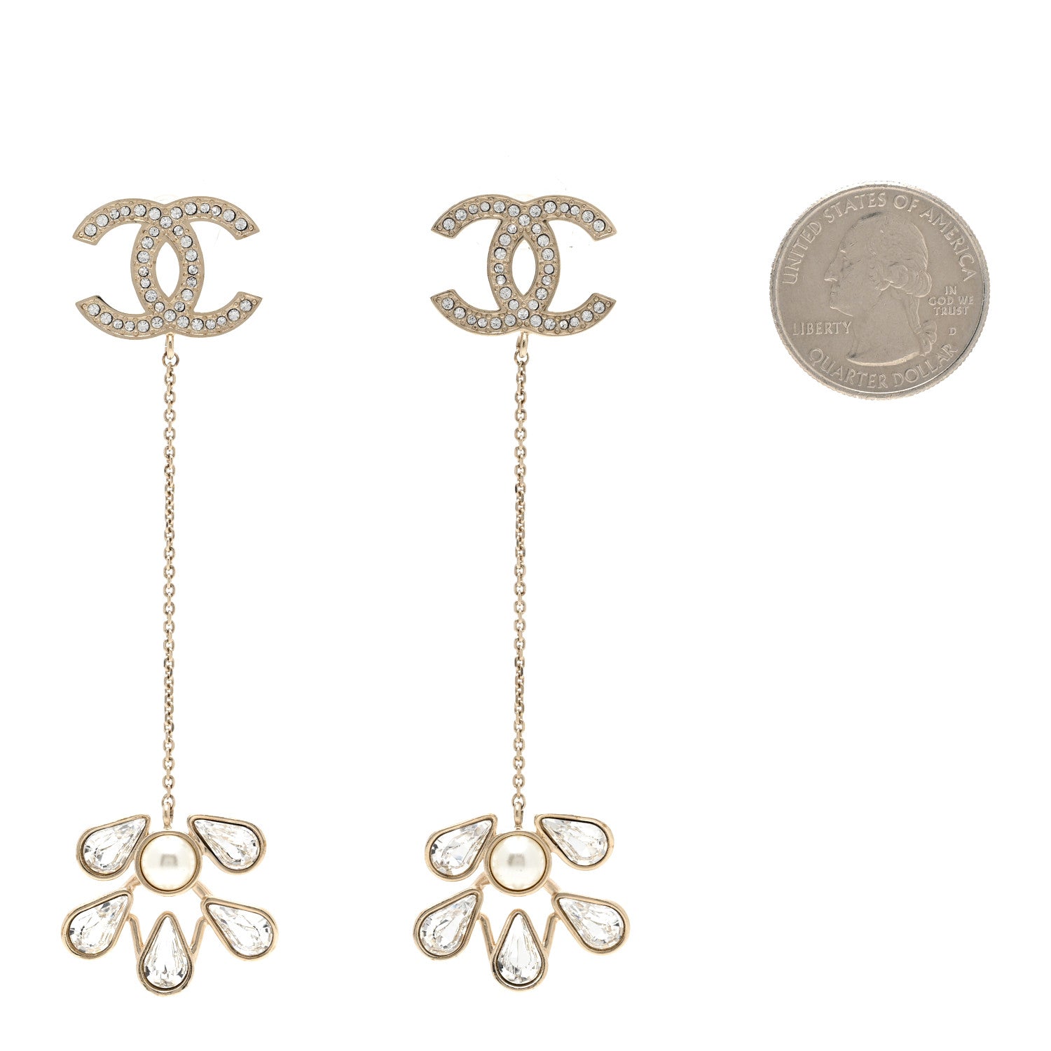 Chanel Pearl Crystal CC Drop Earrings Light Gold 2 of 5