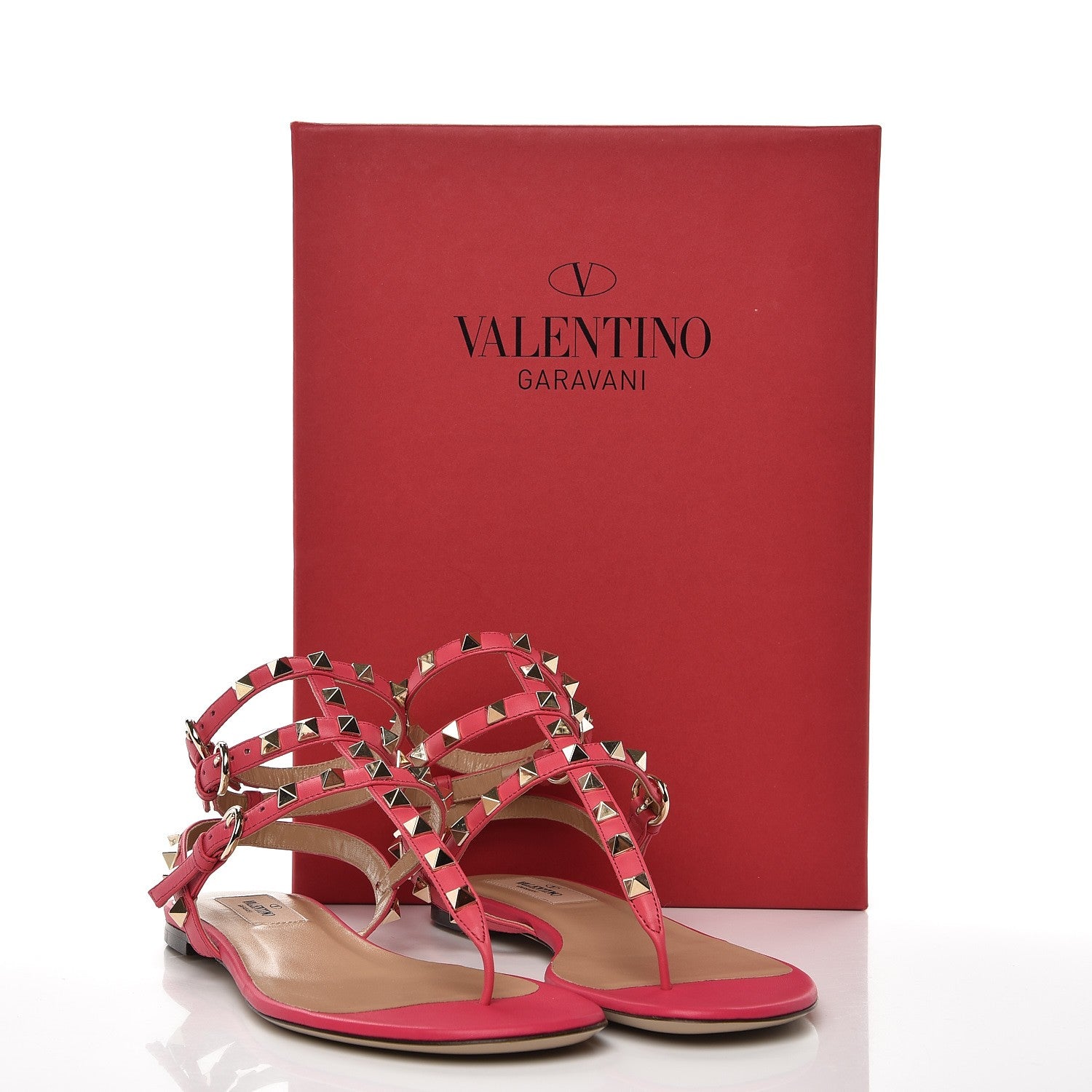Valentino Garavani Calfskin Nappa Rockstud Ankle Wrap Flat Thong Sandals 37 Fragola 9 of 9